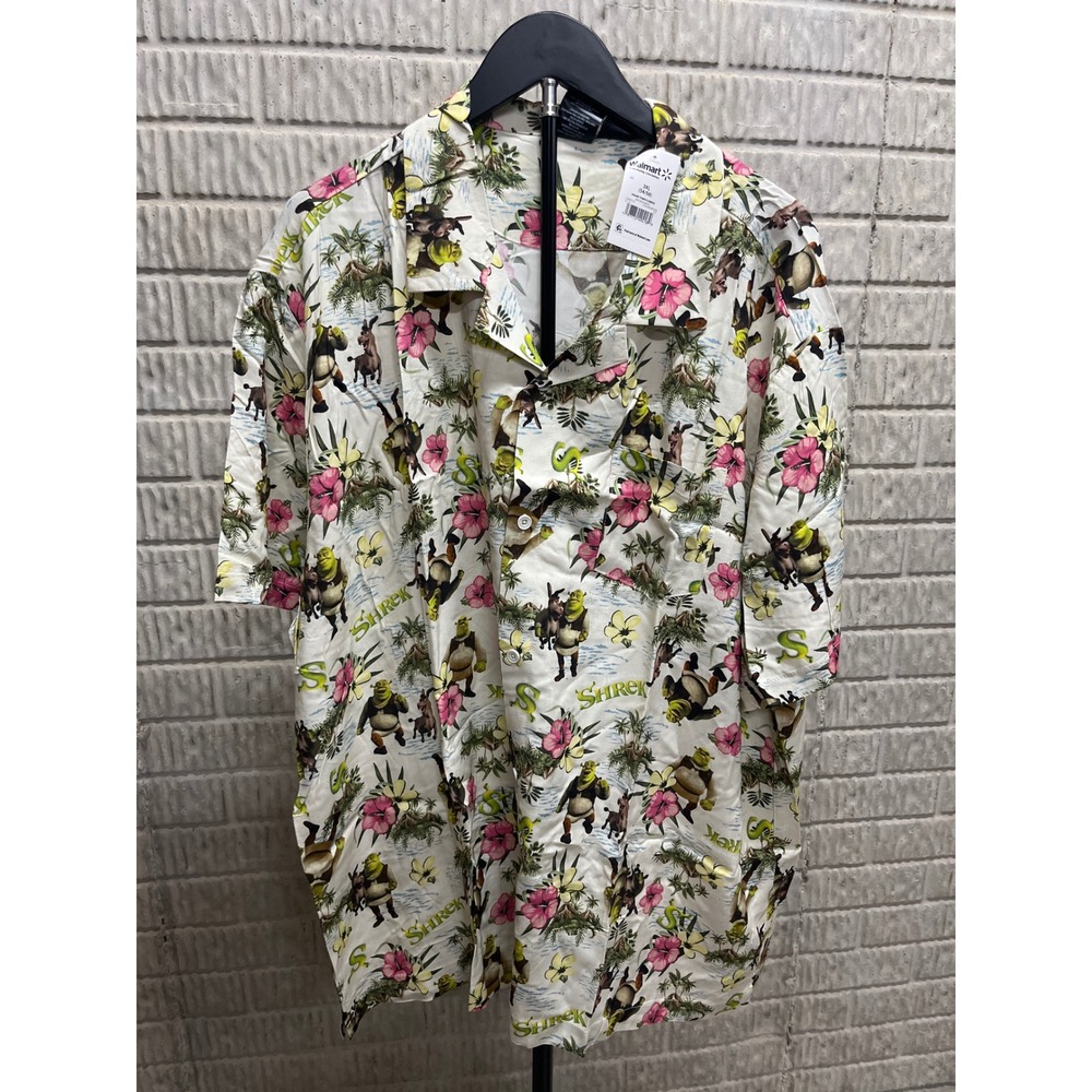 Shrek Swamp Town Flowers Hawaiian Shirt Mens 3XL Vintage White Tropical Button U